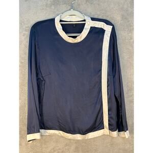 J Crew 365 Silk Blouse Size 14 Navy Gray Trim Preppy Academia Office